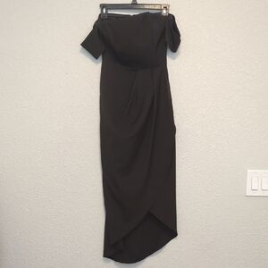 Luvalot black bardot off shoulder asymmetrical hem bodycon midi dress